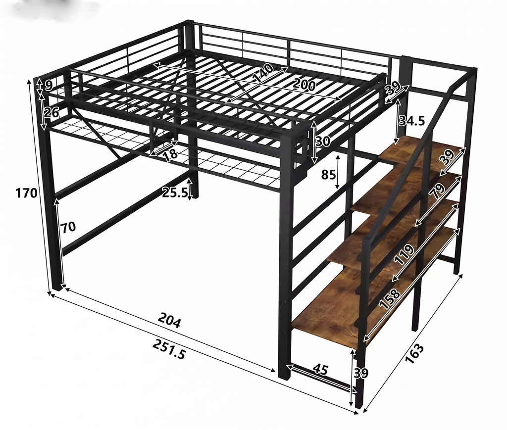 Lit Mezzanine en Métal 140x200 cm avec Escalier de Rangement et Éclairage LED