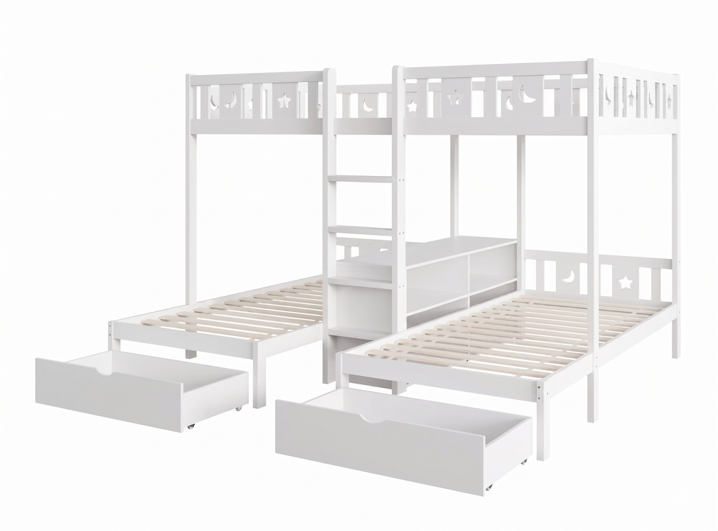 Lit Superposé Triple en Bois Blanc avec Tiroirs et Rangements - 140x200 cm et 2x 90x200 cm