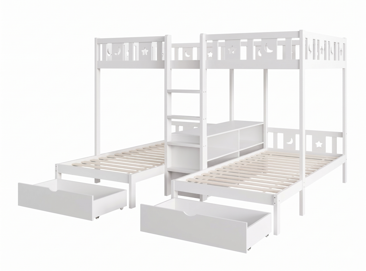 Lit Superposé Triple en Bois Blanc avec Tiroirs et Rangements - 140x200 cm et 2x 90x200 cm