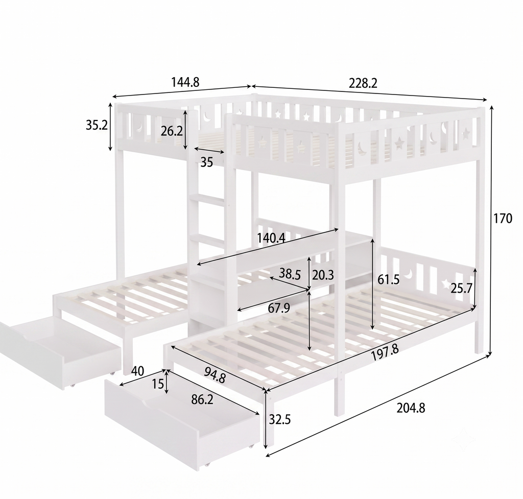 Lit Superposé Triple en Bois Blanc avec Tiroirs et Rangements - 140x200 cm et 2x 90x200 cm