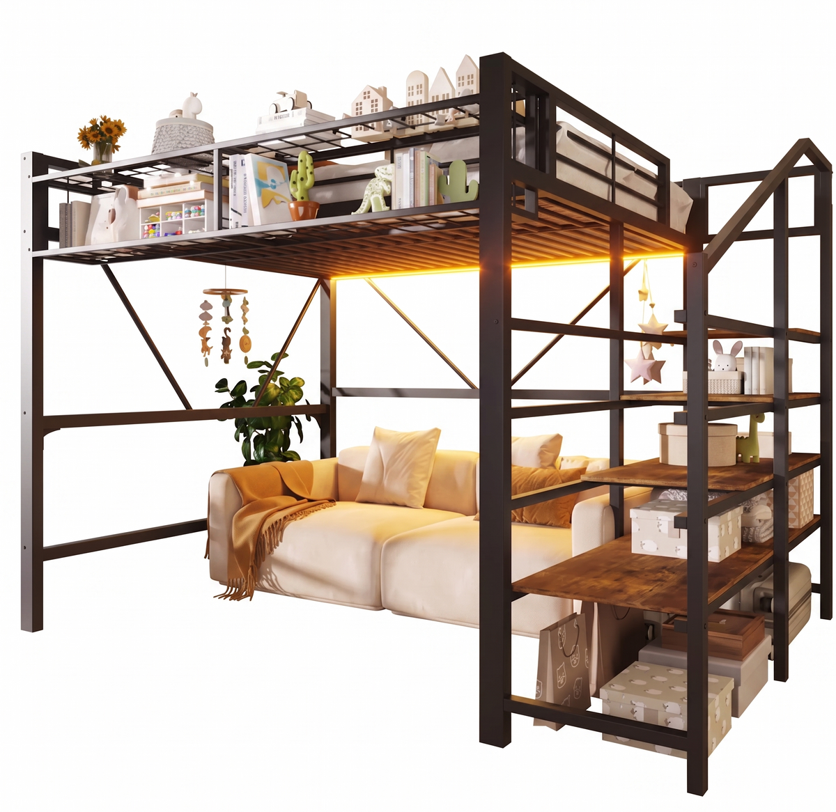 Lit Mezzanine en Métal 140x200 cm avec Escalier de Rangement et Éclairage LED
