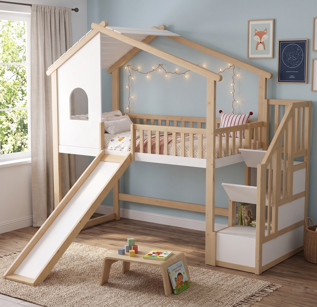 Lit Mezzanine Cabane en Bois Massif 90x200 cm avec Toboggan et Escalier de Rangement