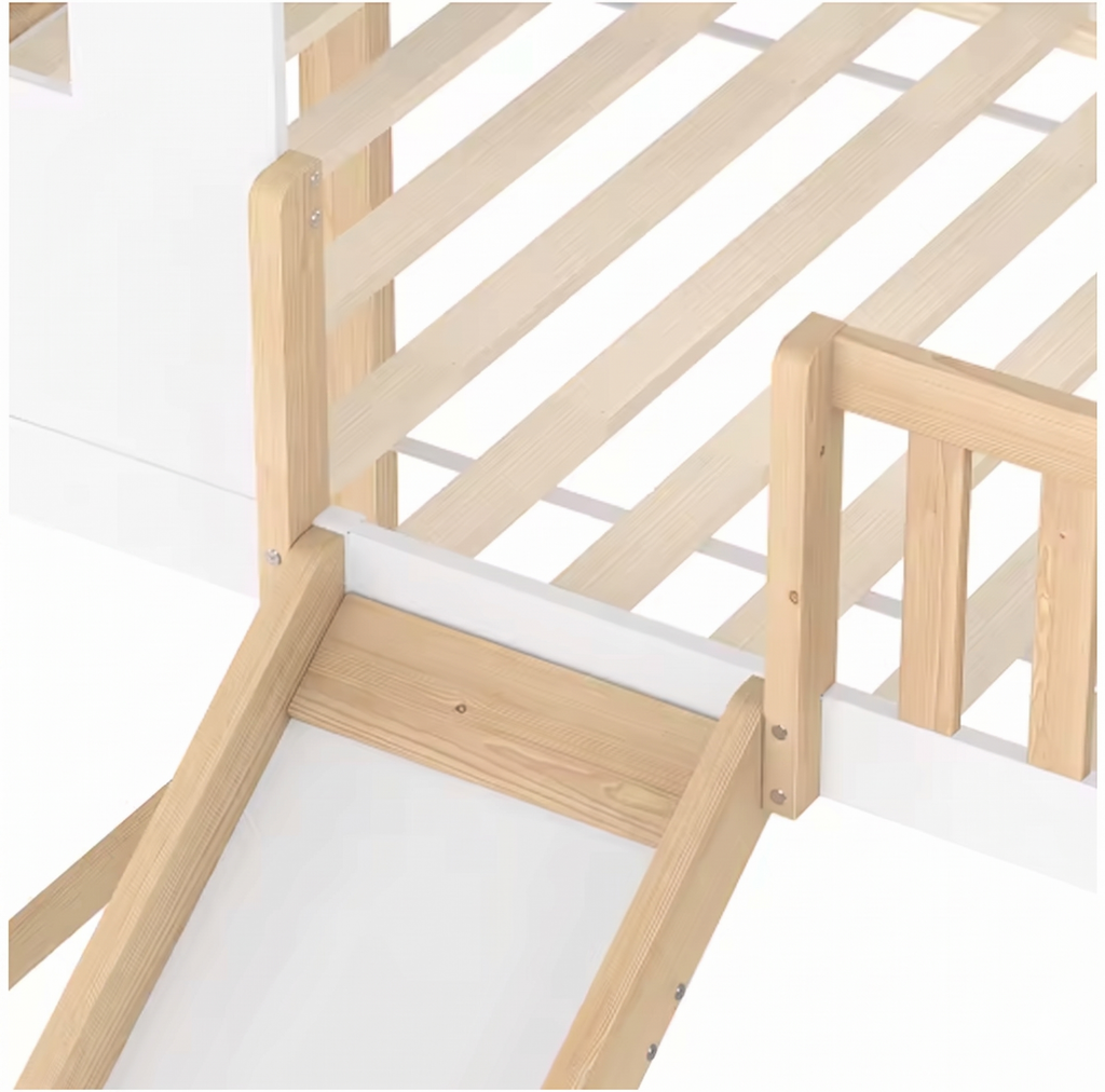 Lit Mezzanine Cabane en Bois Massif 90x200 cm avec Toboggan et Escalier de Rangement
