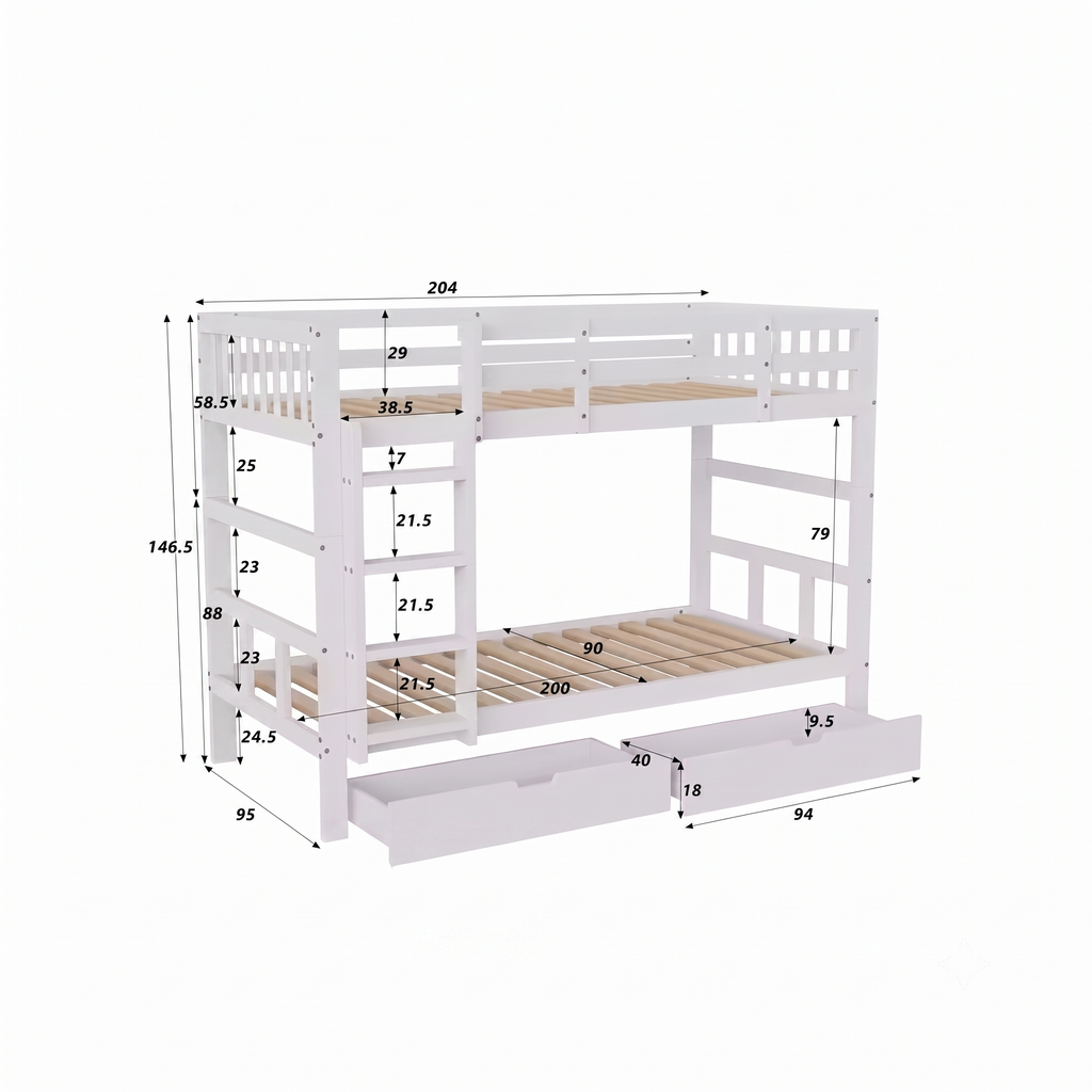 Lit Superposé Enfant Modulable et Séparable en 2 Lits Simples - Avec Tiroirs de Rangement 90x200 cm
