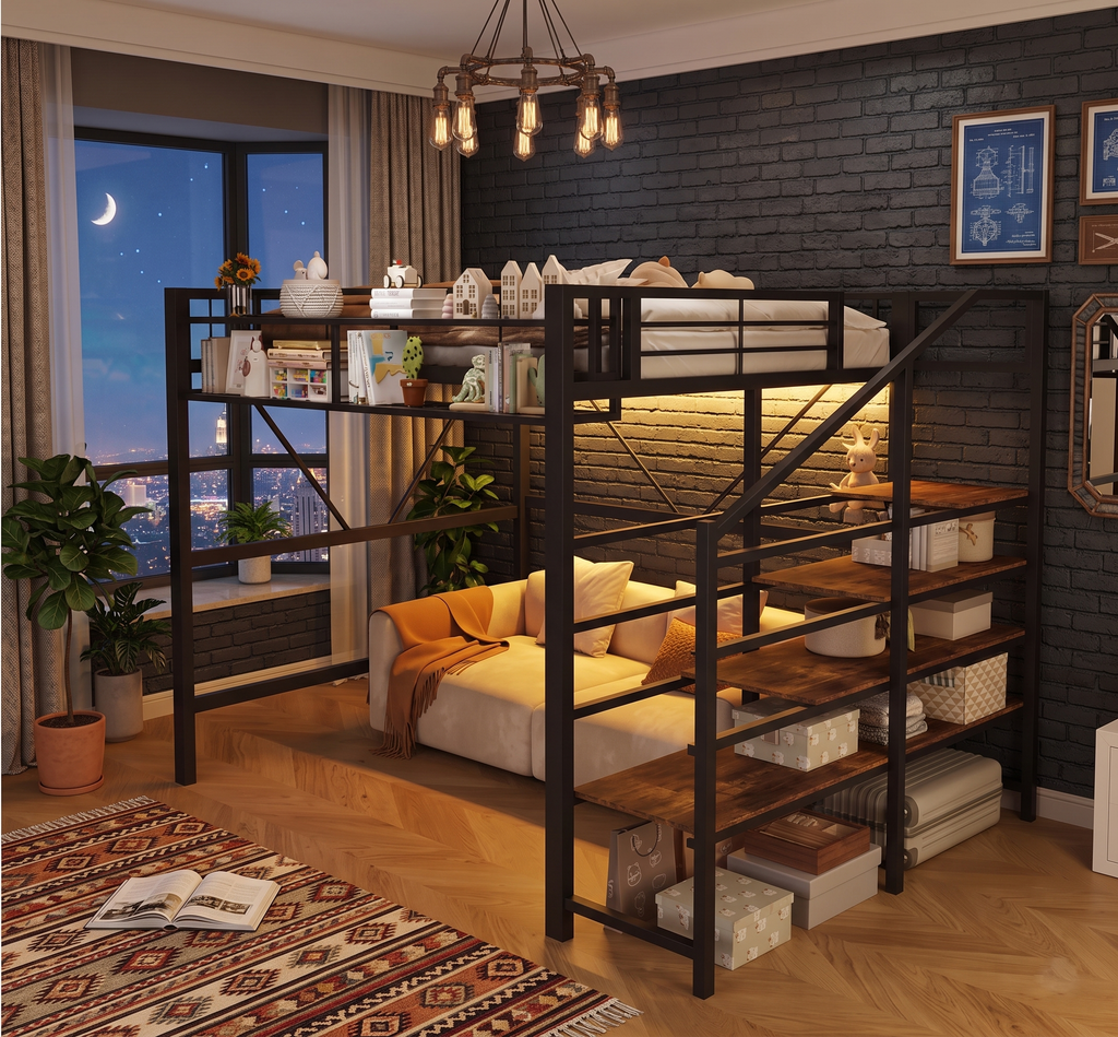 Lit Mezzanine en Métal 140x200 cm avec Escalier de Rangement et Éclairage LED