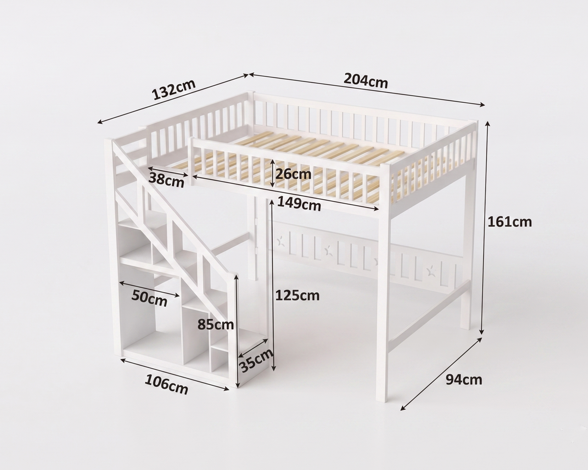 Lit Superposé en Bois 90x200 cm avec Escalier de Rangement et Étagère