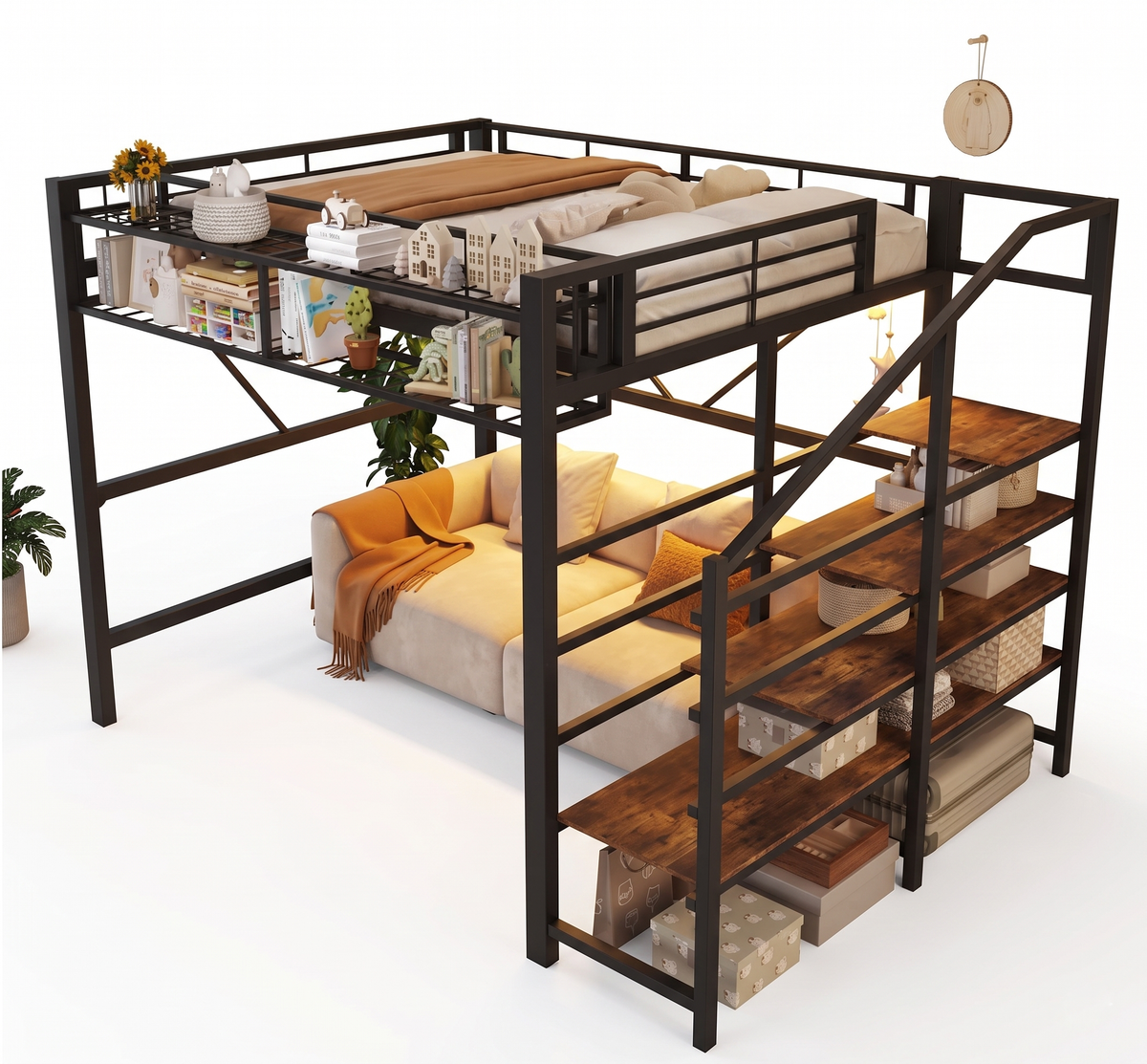 Lit Mezzanine en Métal 140x200 cm avec Escalier de Rangement et Éclairage LED