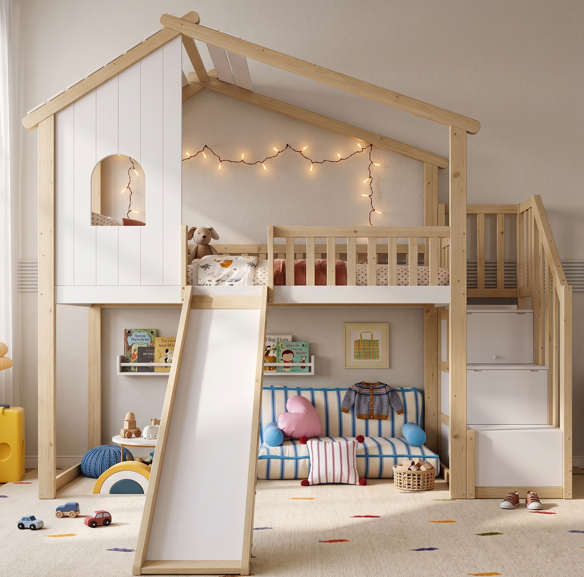 Lit Mezzanine Cabane en Bois Massif 90x200 cm avec Toboggan et Escalier de Rangement