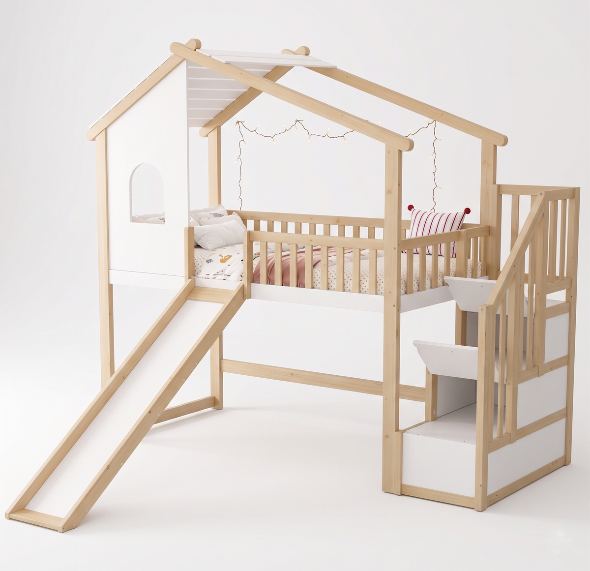 Lit Mezzanine Cabane en Bois Massif 90x200 cm avec Toboggan et Escalier de Rangement