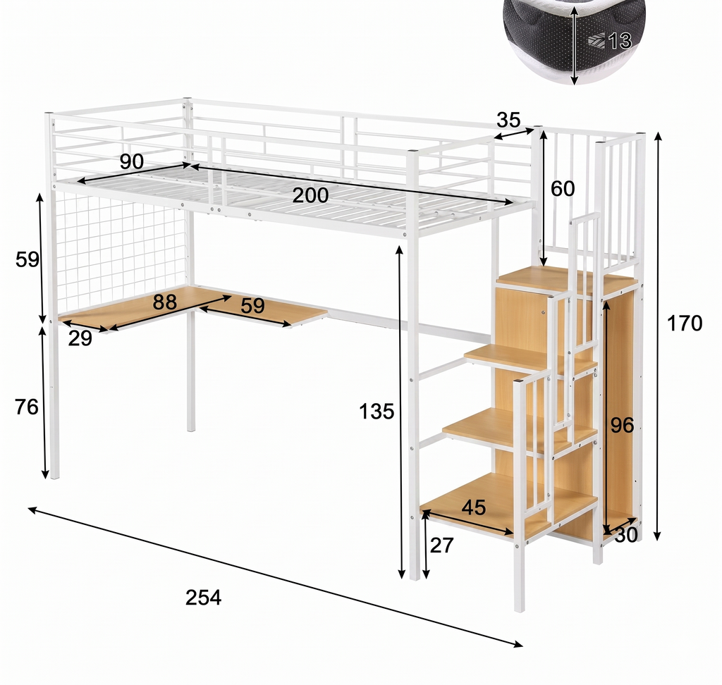 Lit Mezzanine en Métal et Bois avec Escalier et Armoire Intégrée