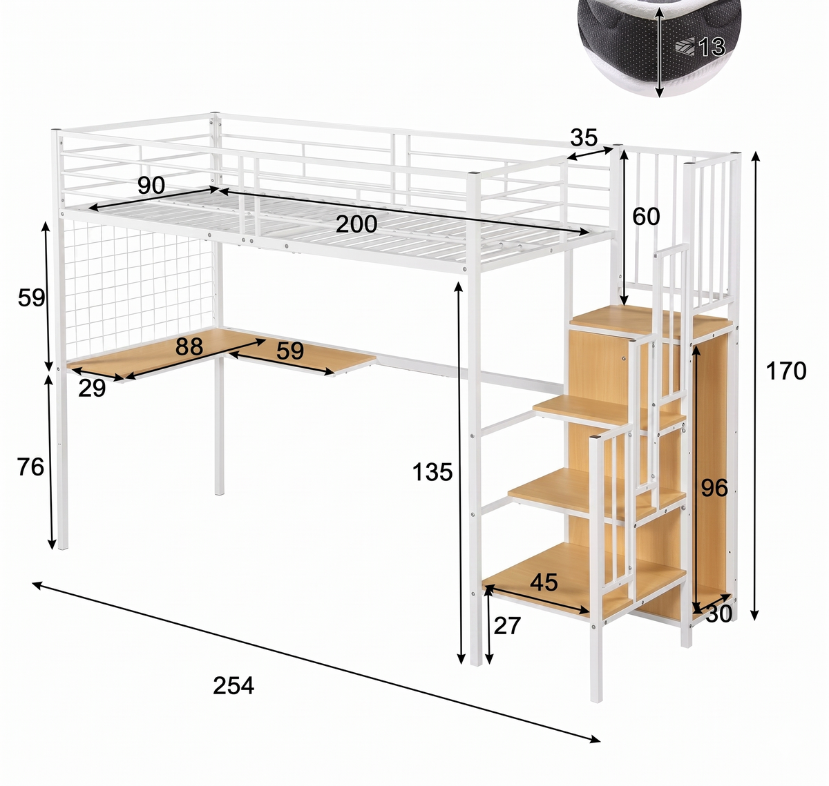 Lit Mezzanine en Métal et Bois avec Escalier et Armoire Intégrée
