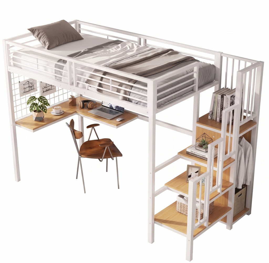 Lit Mezzanine en Métal et Bois avec Escalier et Armoire Intégrée