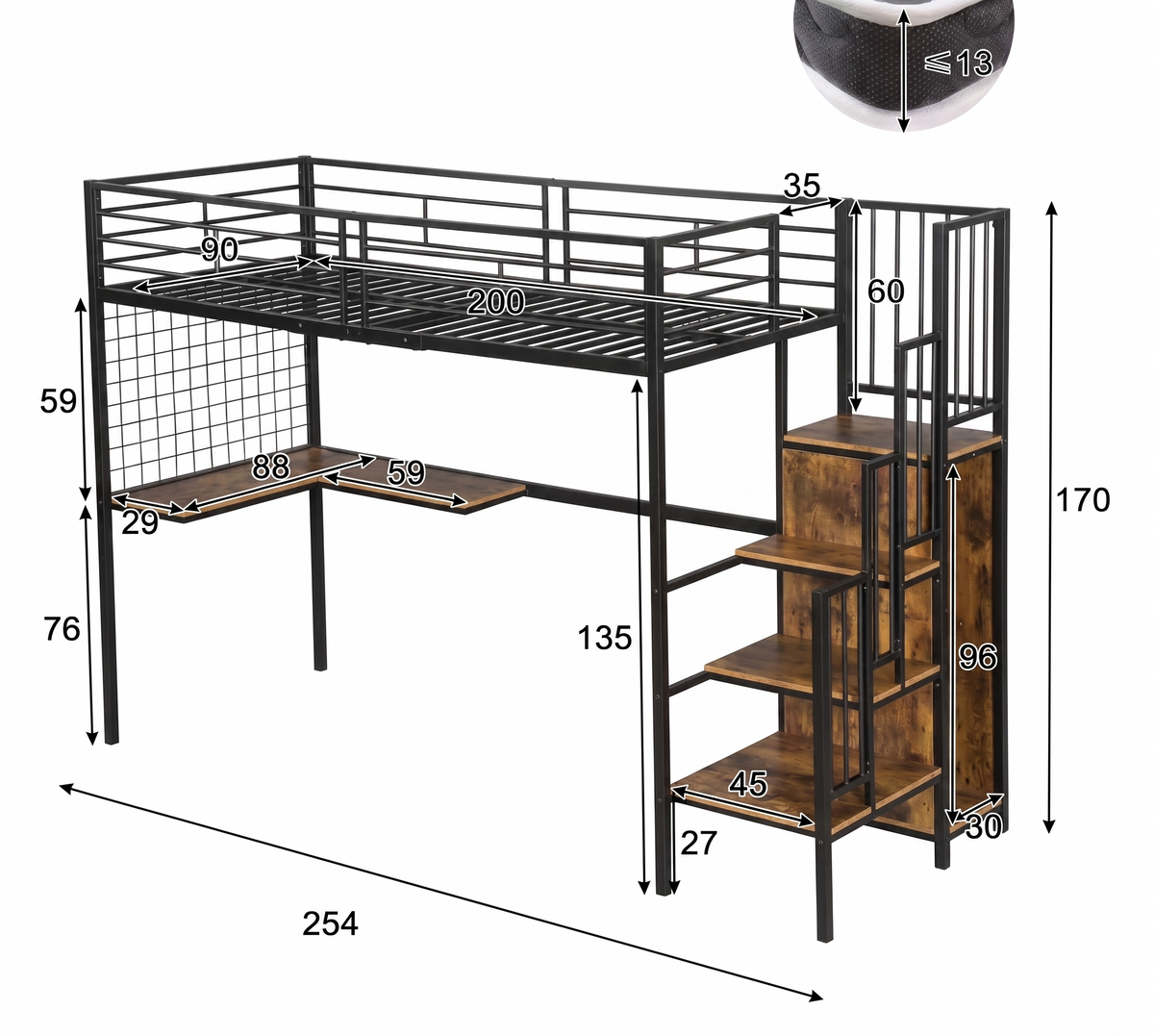 Lit Mezzanine en Métal et Bois avec Escalier et Armoire Intégrée