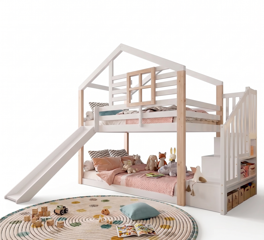 Lit Superposé Cabane Enfant en Bois avec Toboggan et Escalier de Rangement - 90x200 cm