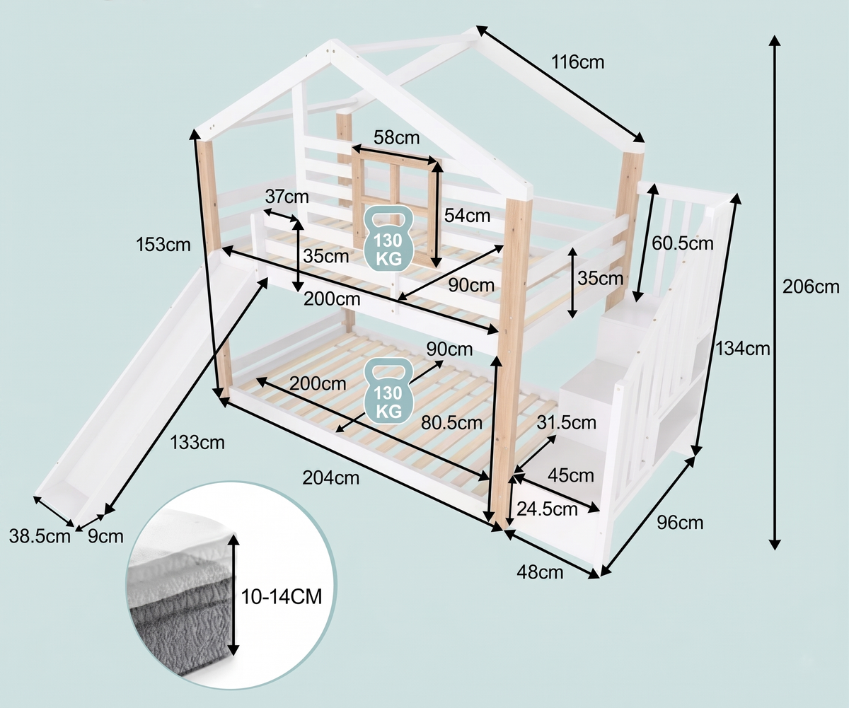 Lit Superposé Cabane Enfant en Bois avec Toboggan et Escalier de Rangement - 90x200 cm