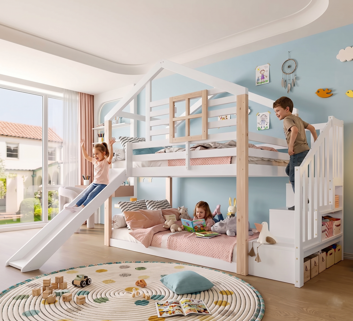 Lit Superposé Cabane Enfant en Bois avec Toboggan et Escalier de Rangement - 90x200 cm