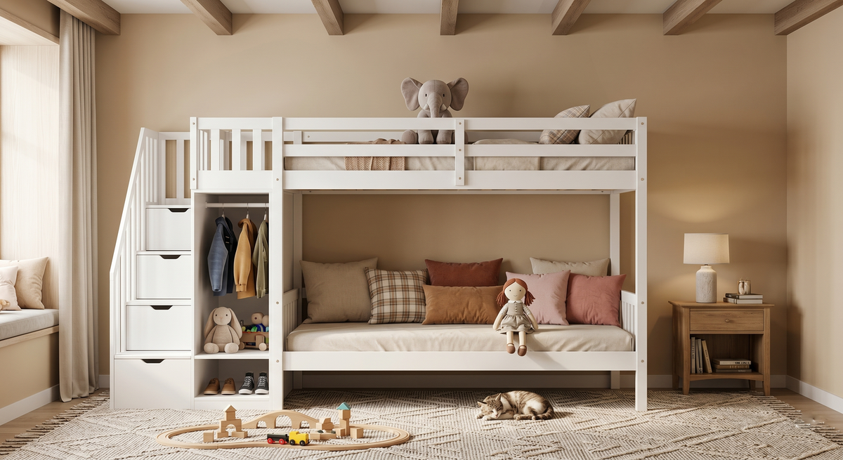 Lit Superposé en Bois 90x200 cm avec Escalier de Rangement et Étagère