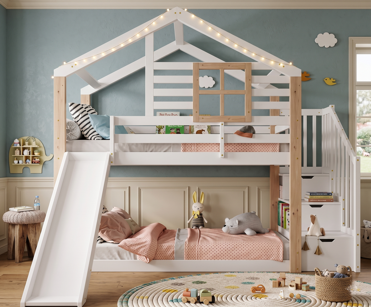 Lit Superposé Cabane Enfant en Bois avec Toboggan et Escalier de Rangement - 90x200 cm