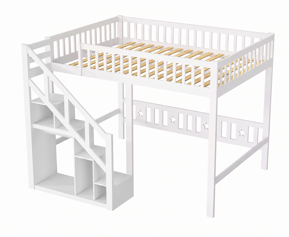 Lit Superposé en Bois 90x200 cm avec Escalier de Rangement et Étagère